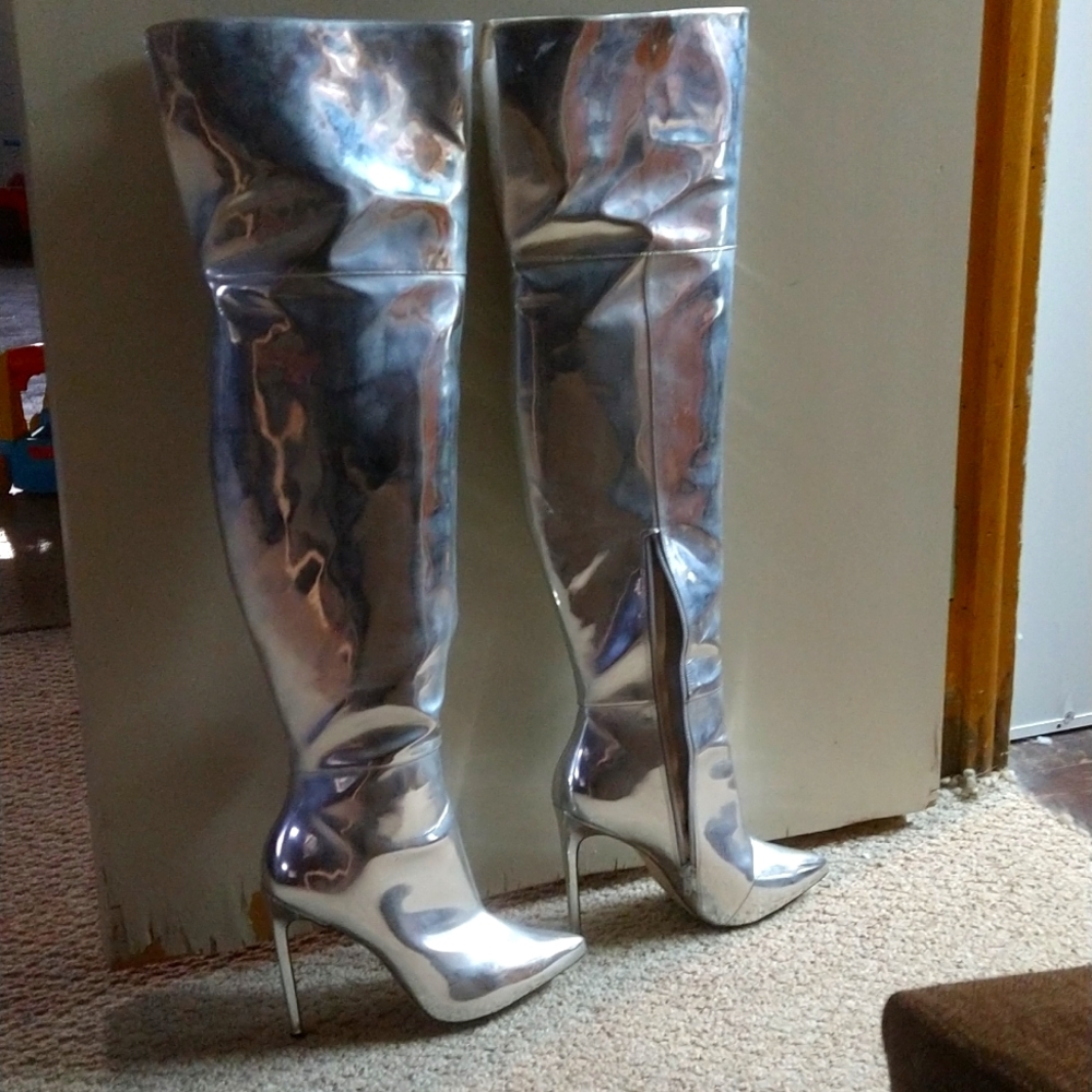 Metallic silver thigh high boots size 10